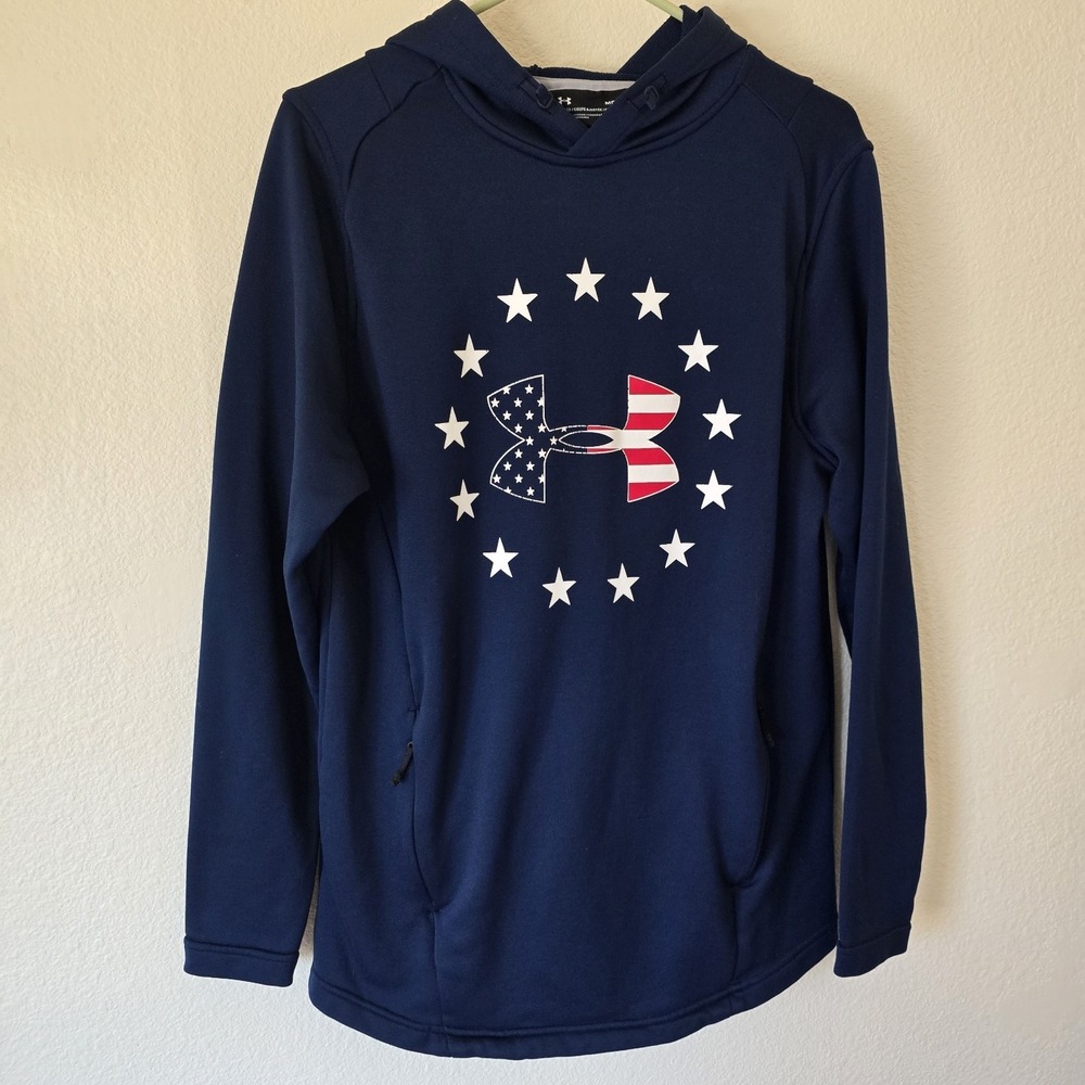 Under Armour Men Medium Fitted Navy Sweatshirt Hoodie Pockets Patriotic July 4th